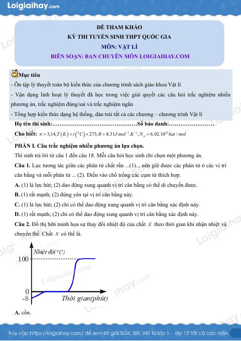 Đề tham khảo thi Vật lí THPT (Đề số 4) - có lời giải chi tiết